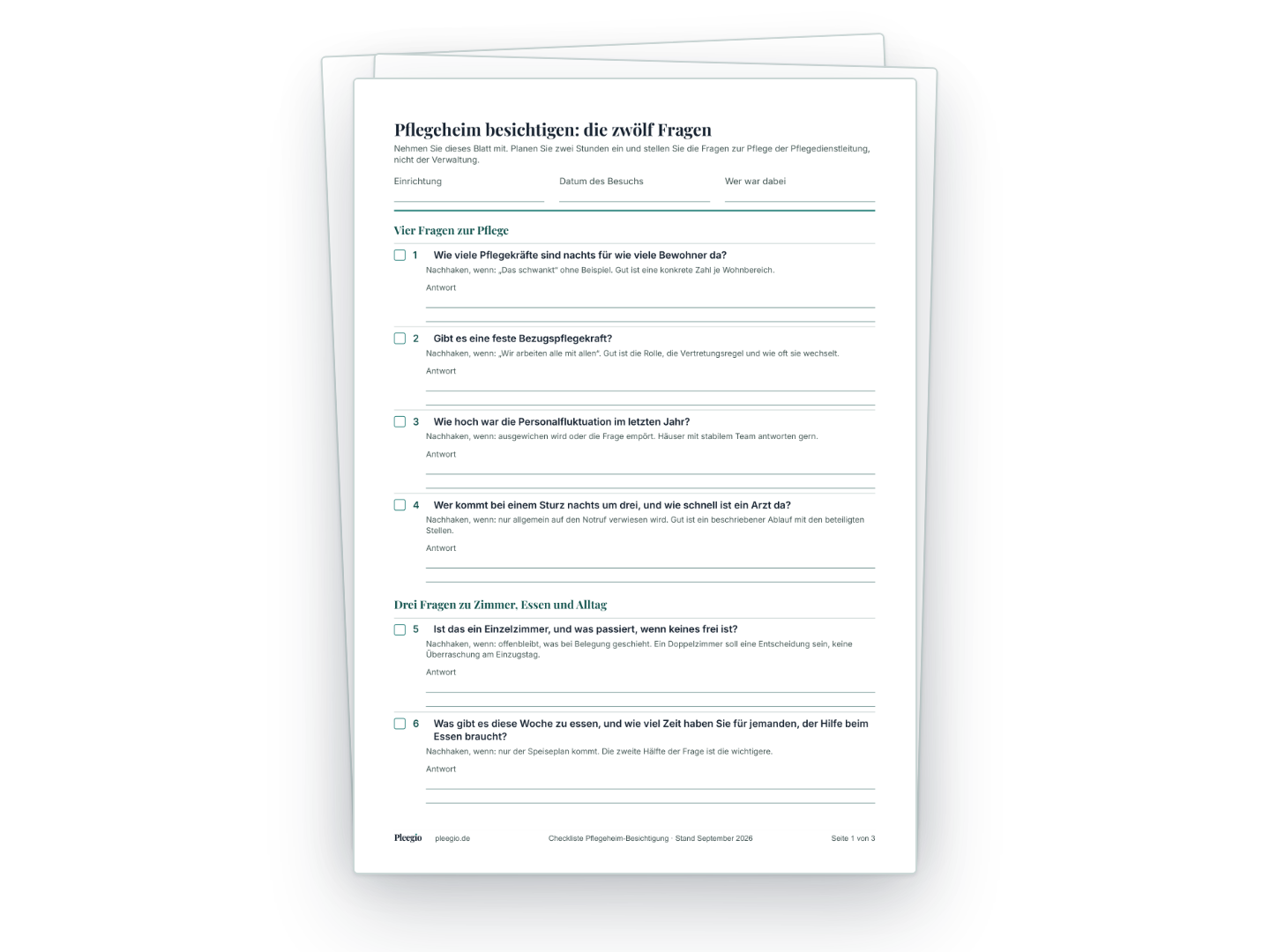 Drei ausgedruckte Seiten der Checkliste, gefächert übereinander. Oben der Kopf mit Feldern für Einrichtung, Datum und Begleitung, darunter die ersten Fragen mit Ankreuzfeld und Antwortzeilen.